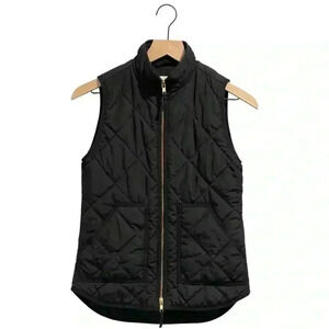 J.Crew Classic Black Quilted Vest, Gold Full Zipper, 2 Side Pockets, Size XXS